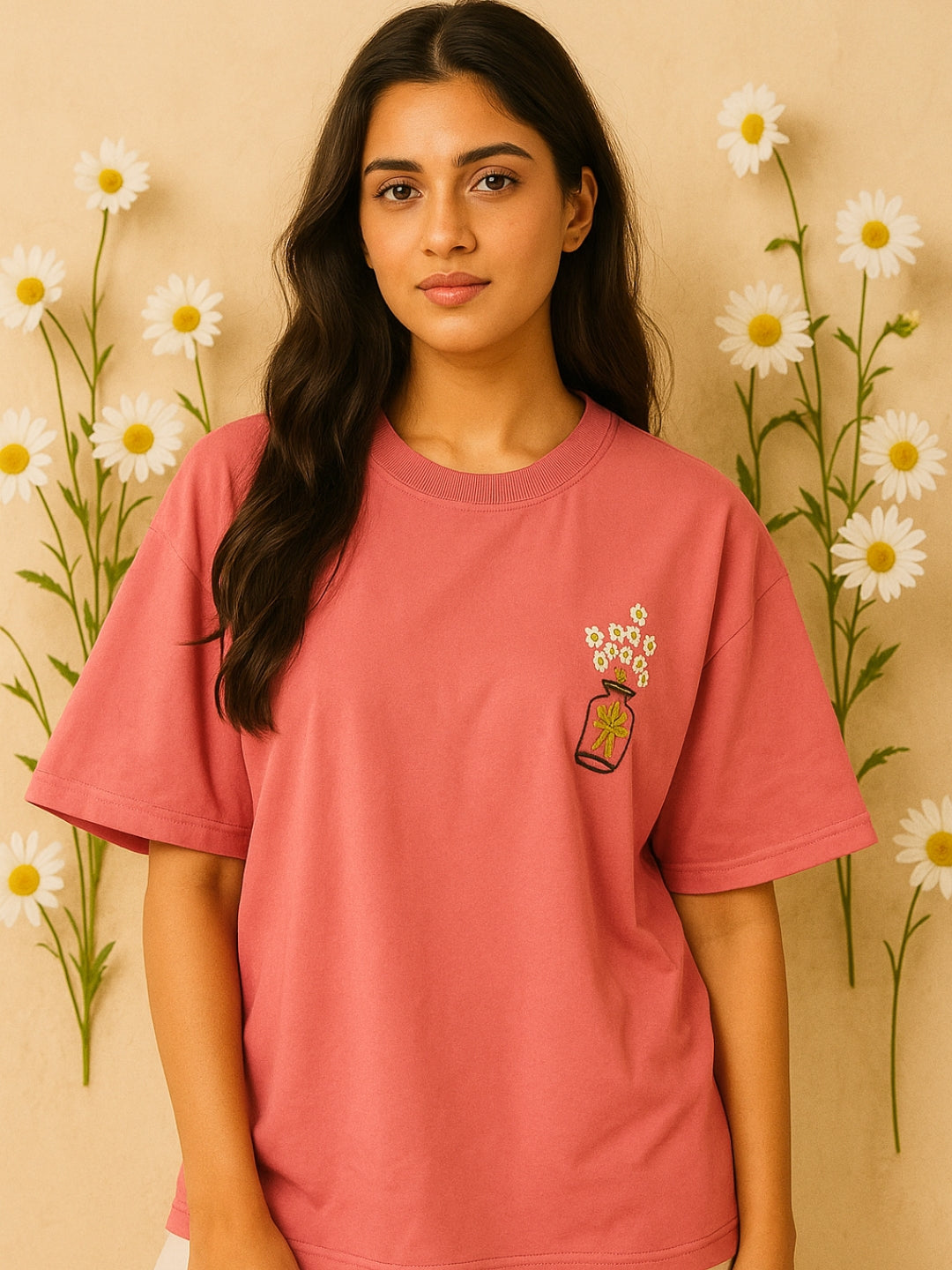 Daisy Pot Hand Embroidered Oversize Unisex T-Shirt