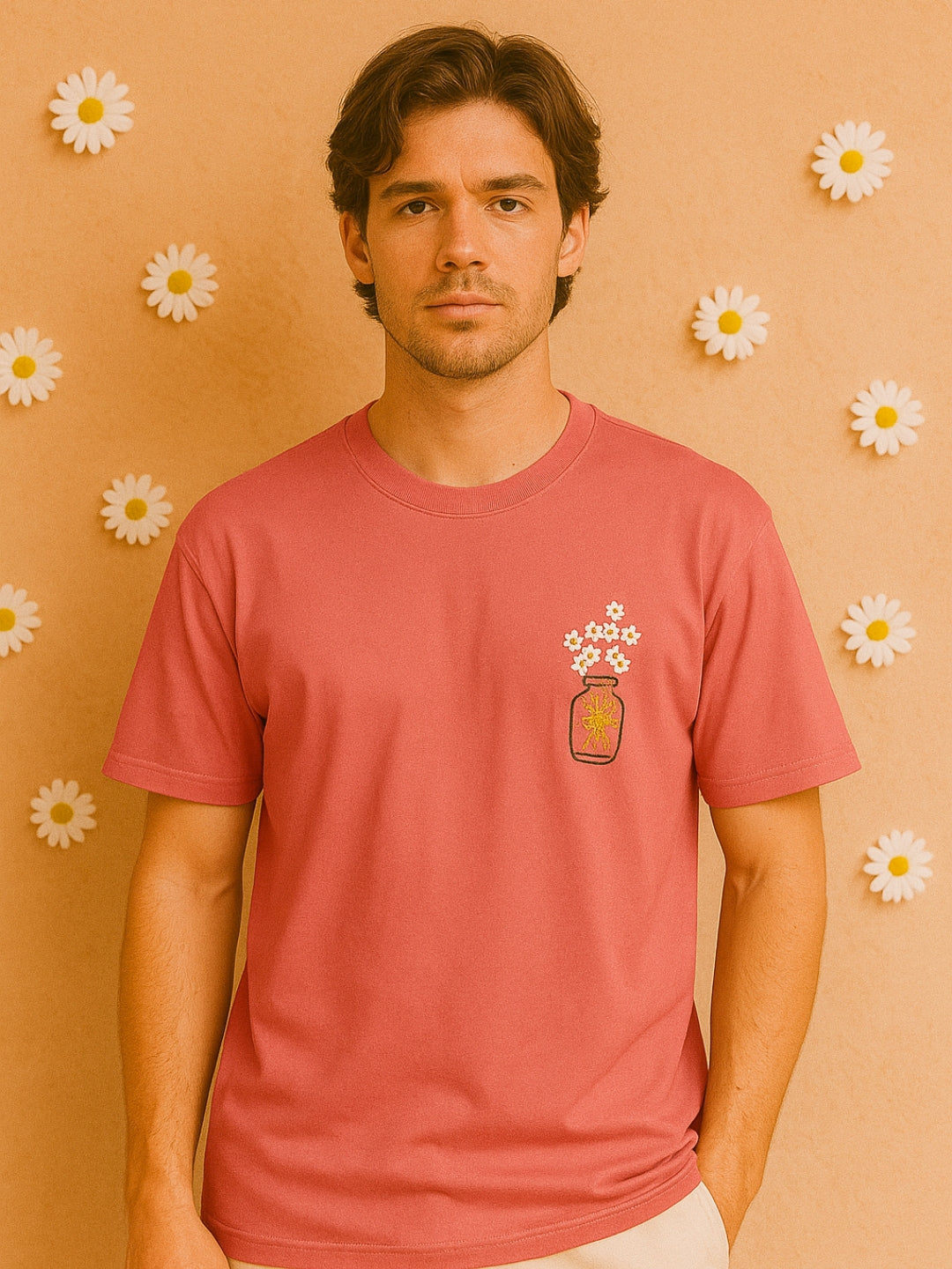 Daisy Pot Hand Embroidered Oversize Unisex T-Shirt