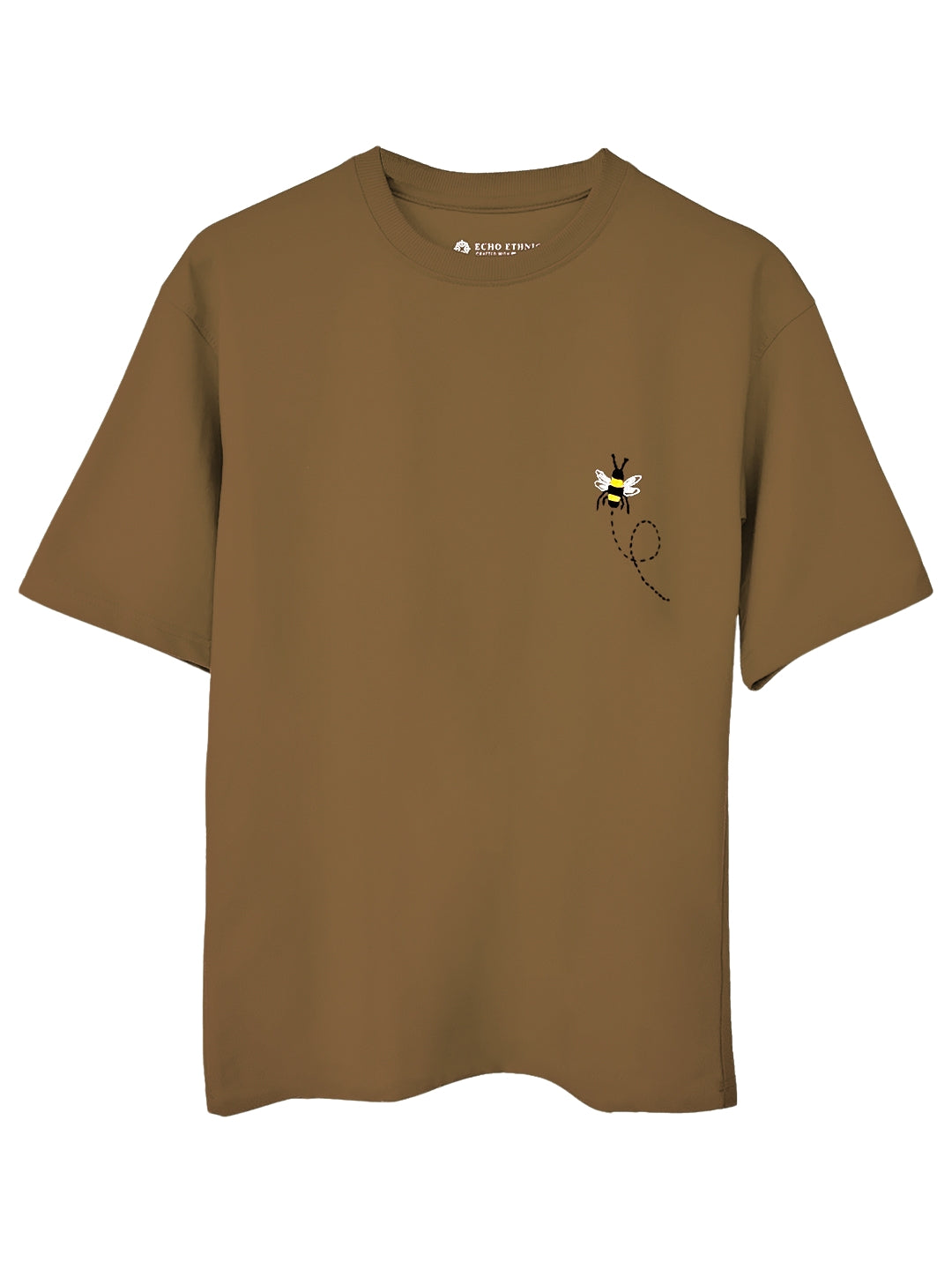 Beige Round Neck Embroidered Cotton T-Shirt - Unisex