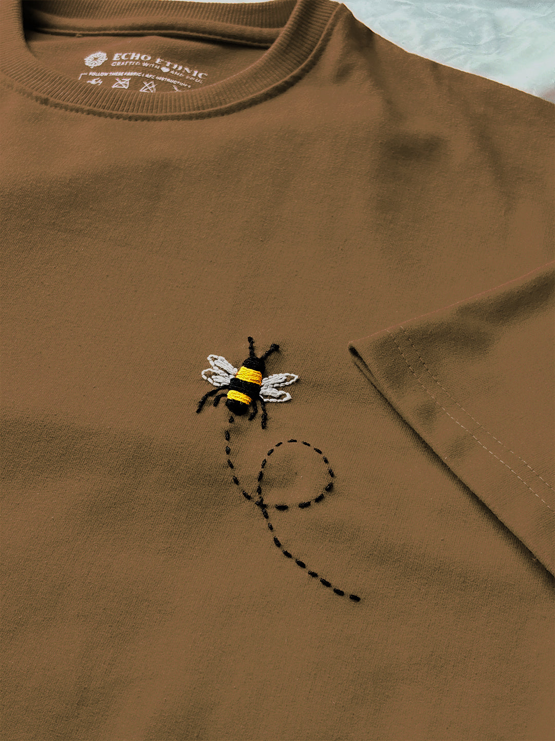 Beige Round Neck Embroidered Cotton T-Shirt - Unisex