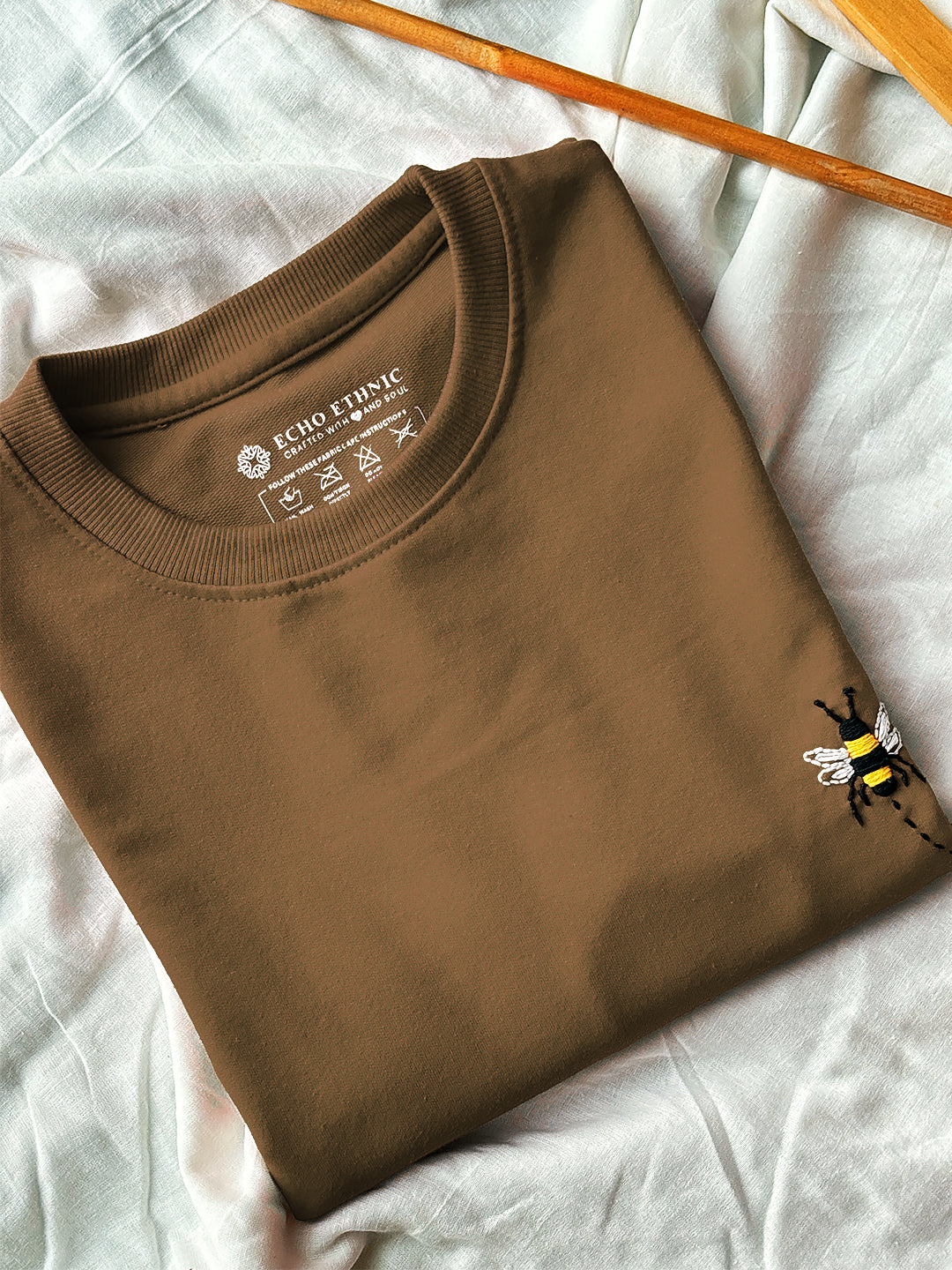 Beige Round Neck Embroidered Cotton T-Shirt - Unisex