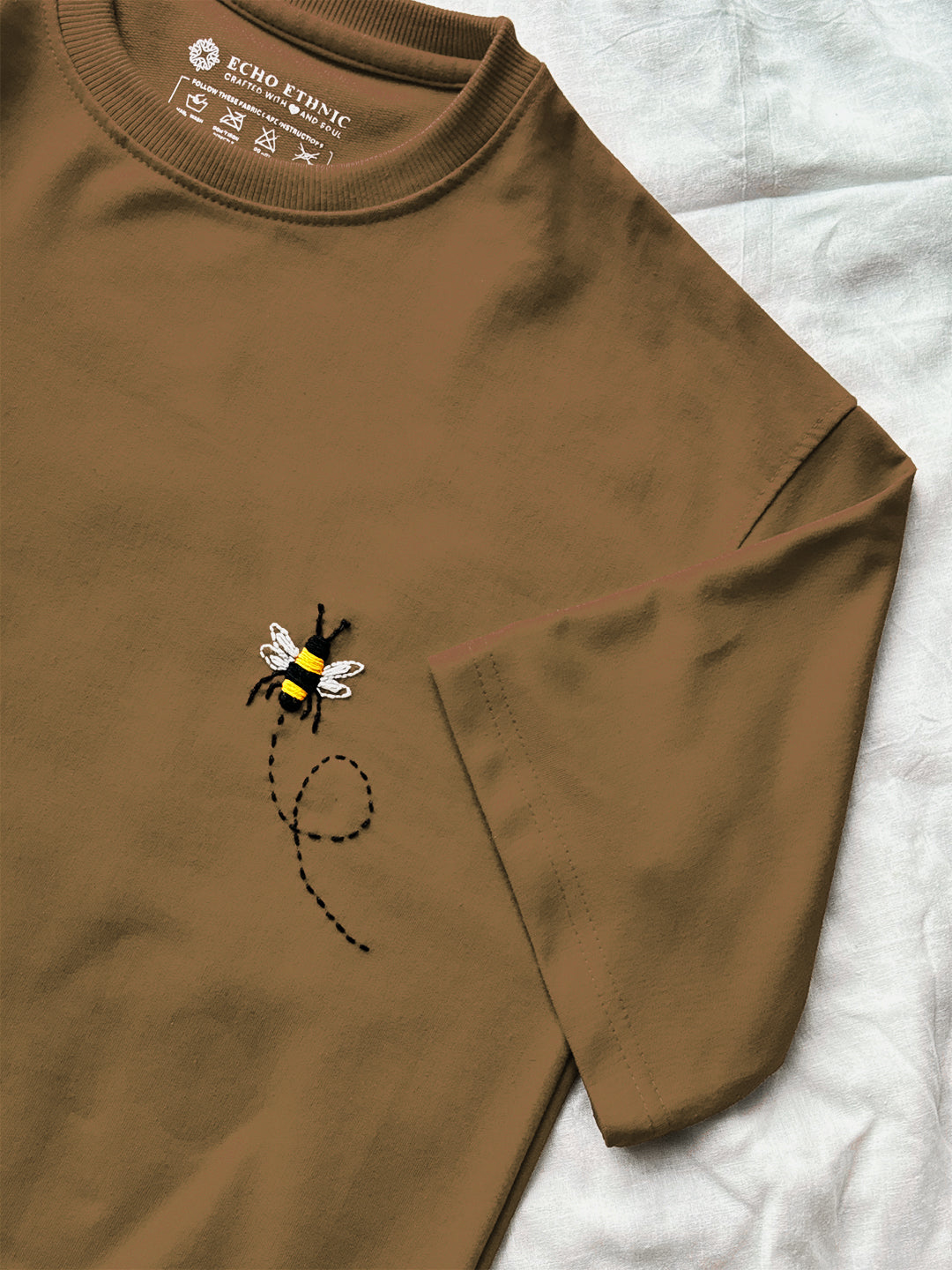 Beige Round Neck Embroidered Cotton T-Shirt - Unisex