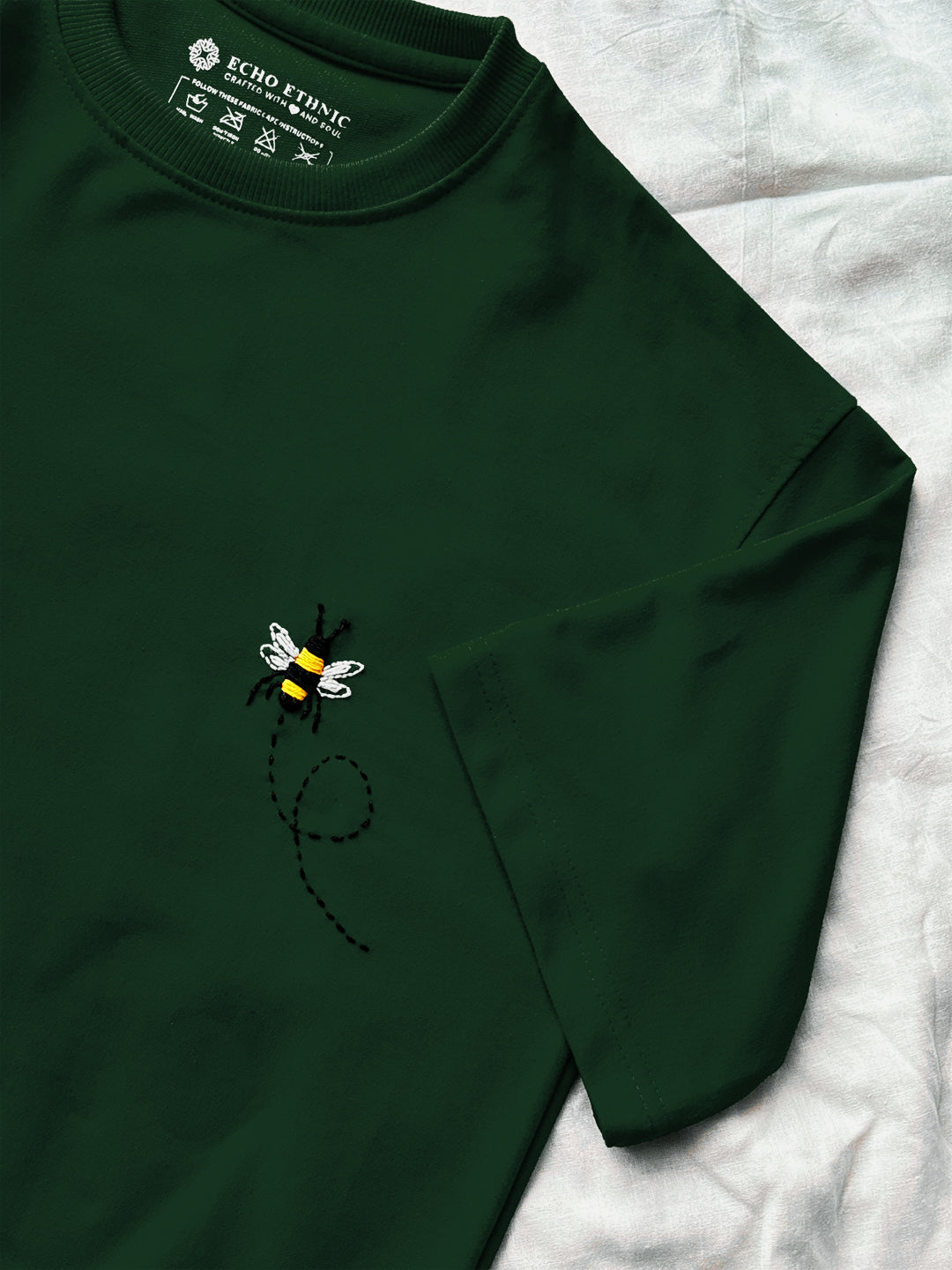 Green Round Neck Embroidered Cotton T-Shirt - Unisex