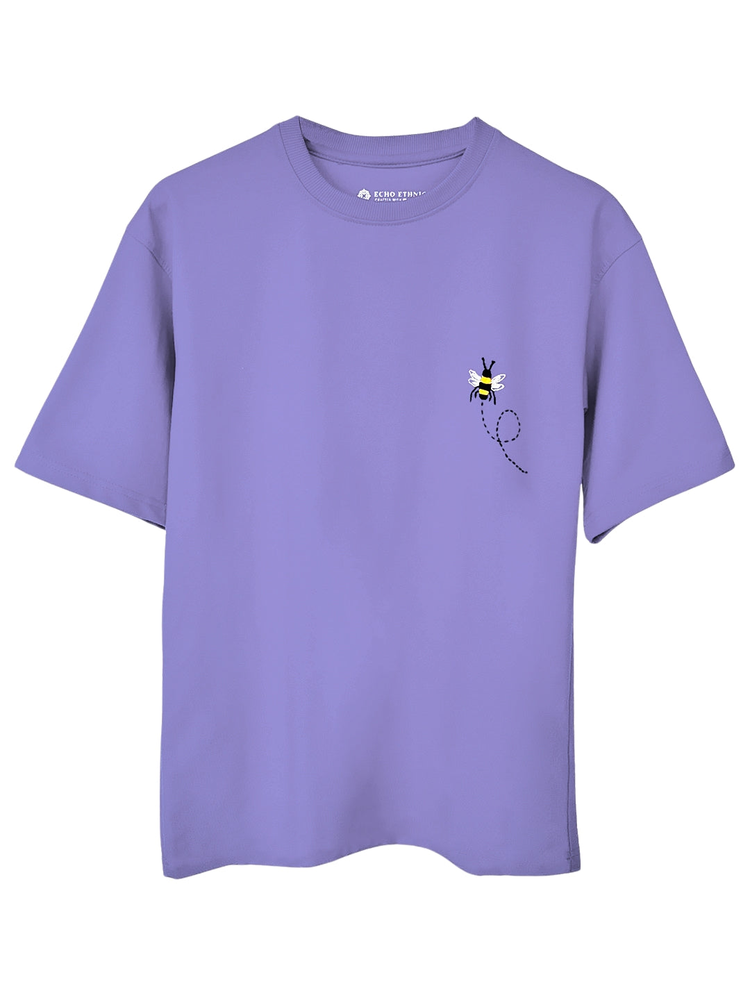 Lavender Round Neck Embroidered Cotton T-Shirt - Unisex