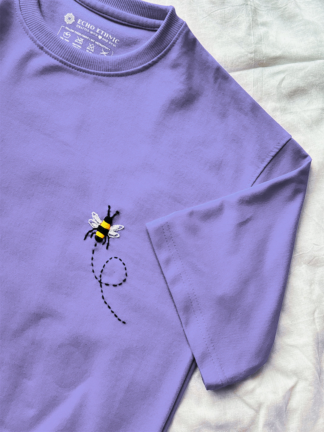 Lavender Round Neck Embroidered Cotton T-Shirt - Unisex