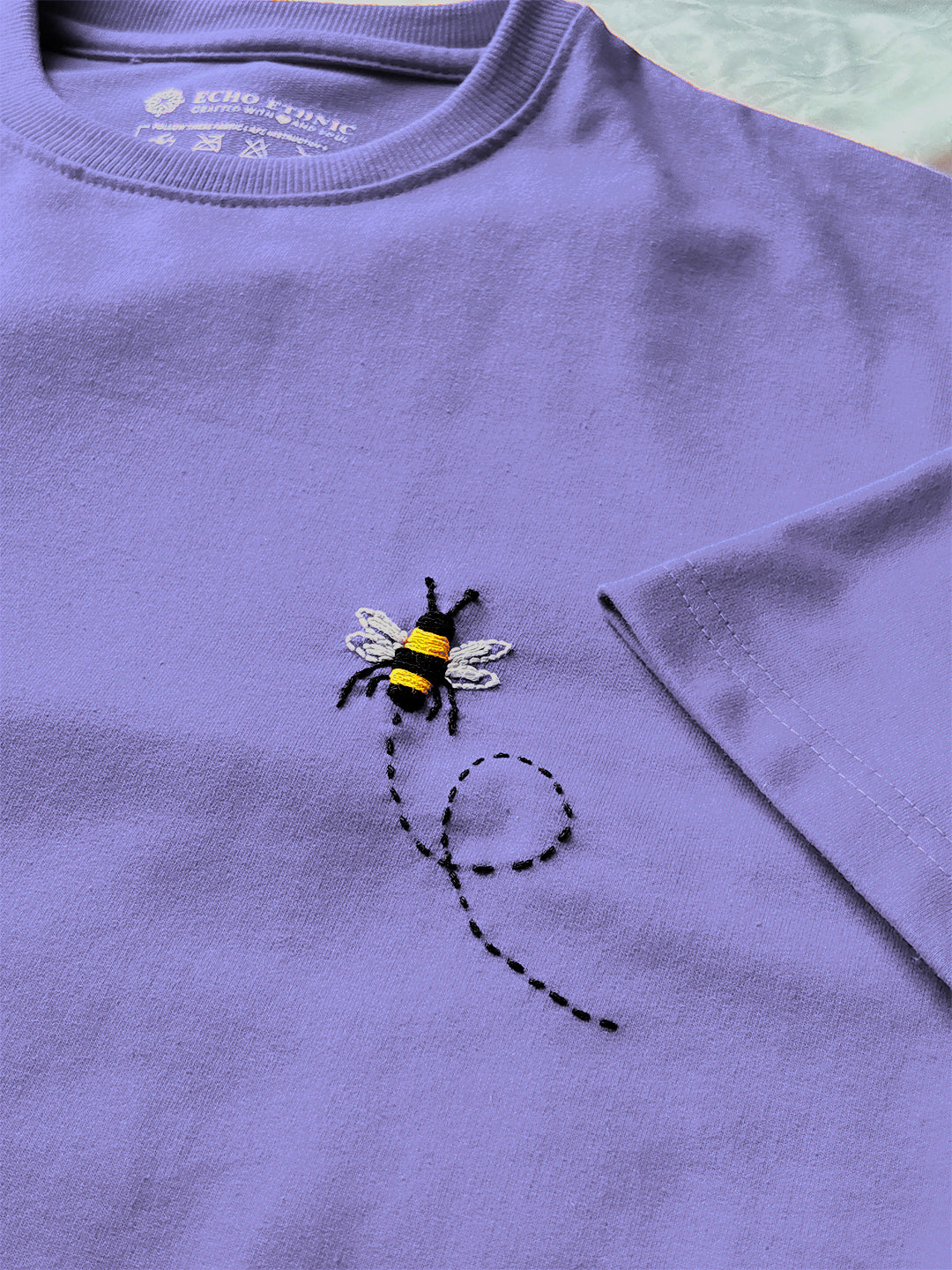 Lavender Round Neck Embroidered Cotton T-Shirt - Unisex