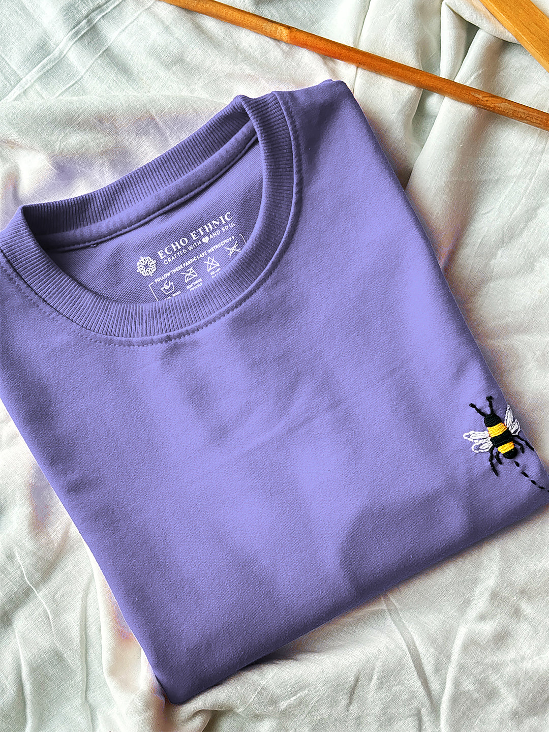Lavender Round Neck Embroidered Cotton T-Shirt - Unisex