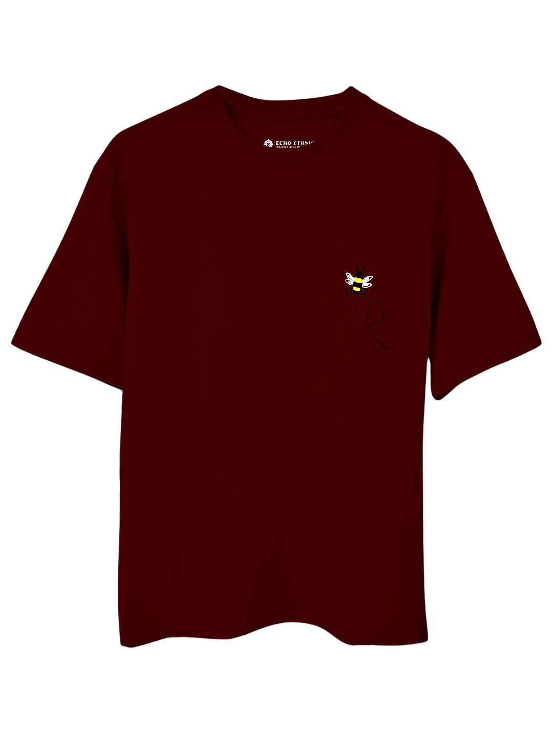 Maroon Round Neck Embroidered Cotton T-Shirt - Unisex
