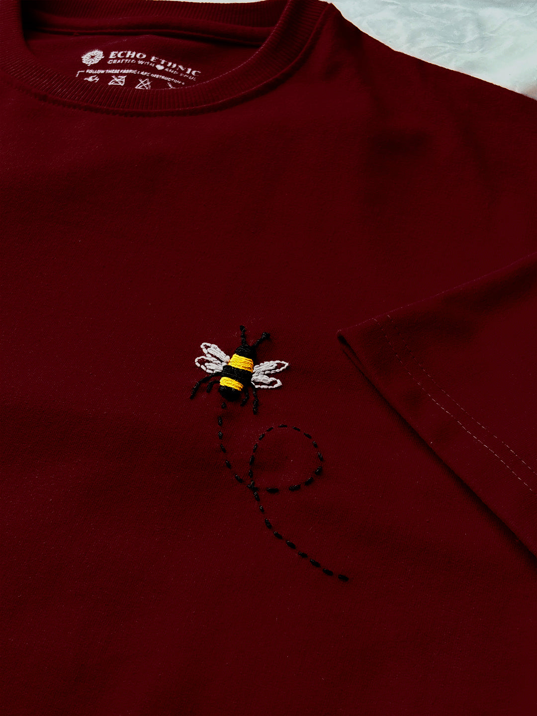 Maroon Round Neck Embroidered Cotton T-Shirt - Unisex