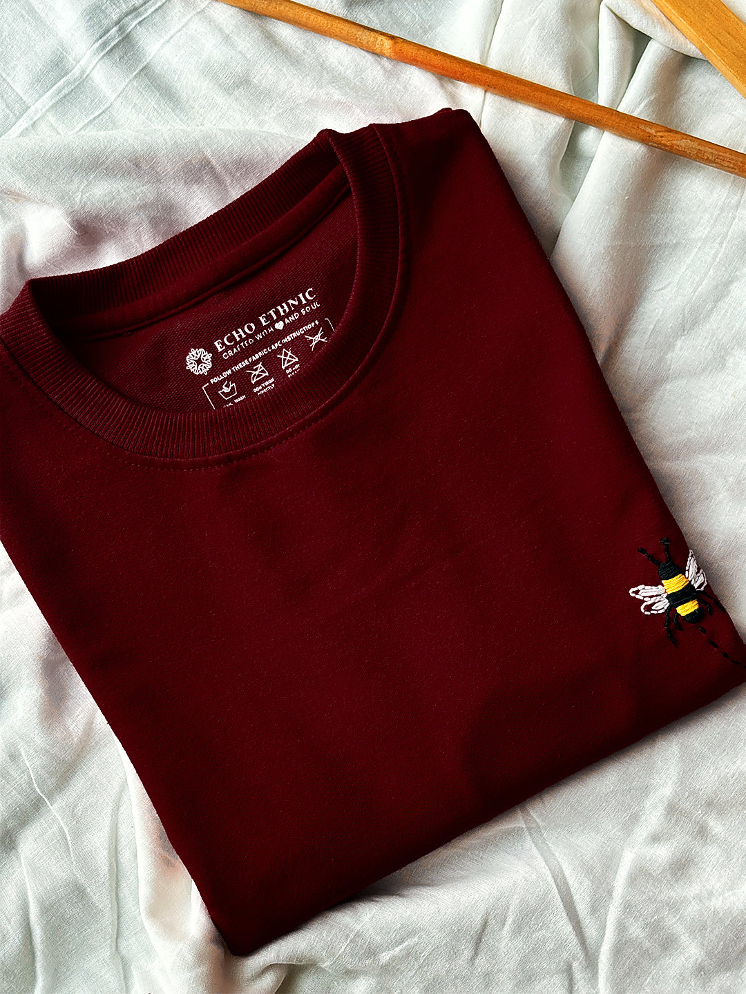 Maroon Round Neck Embroidered Cotton T-Shirt - Unisex
