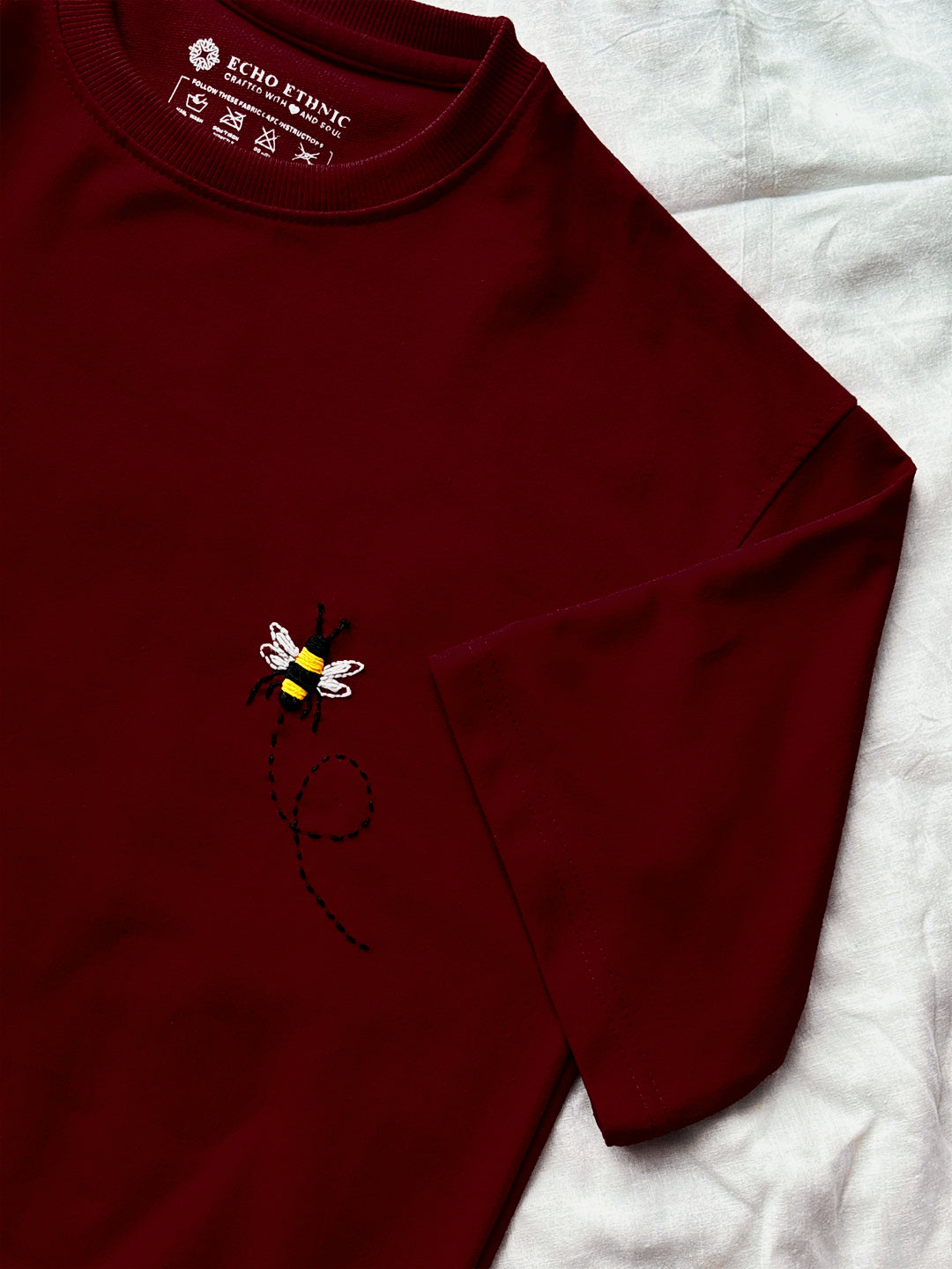 Maroon Round Neck Embroidered Cotton T-Shirt - Unisex