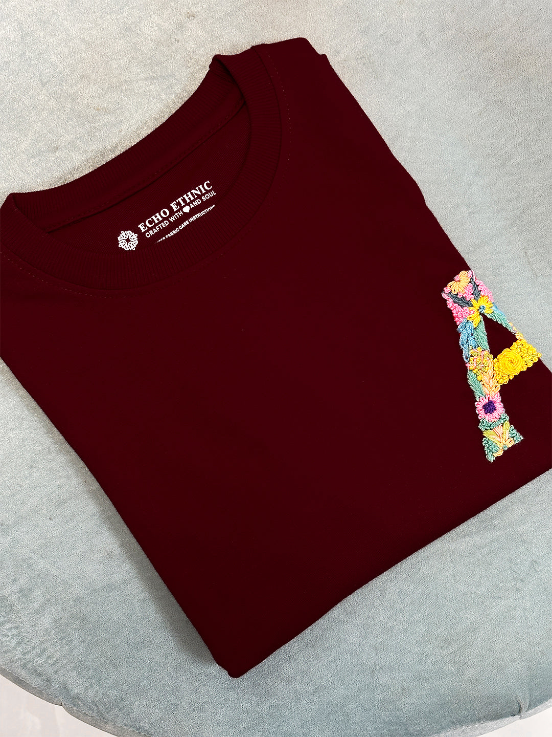 Maroon - Unisex Hand Embroidered Oversize T-shirt