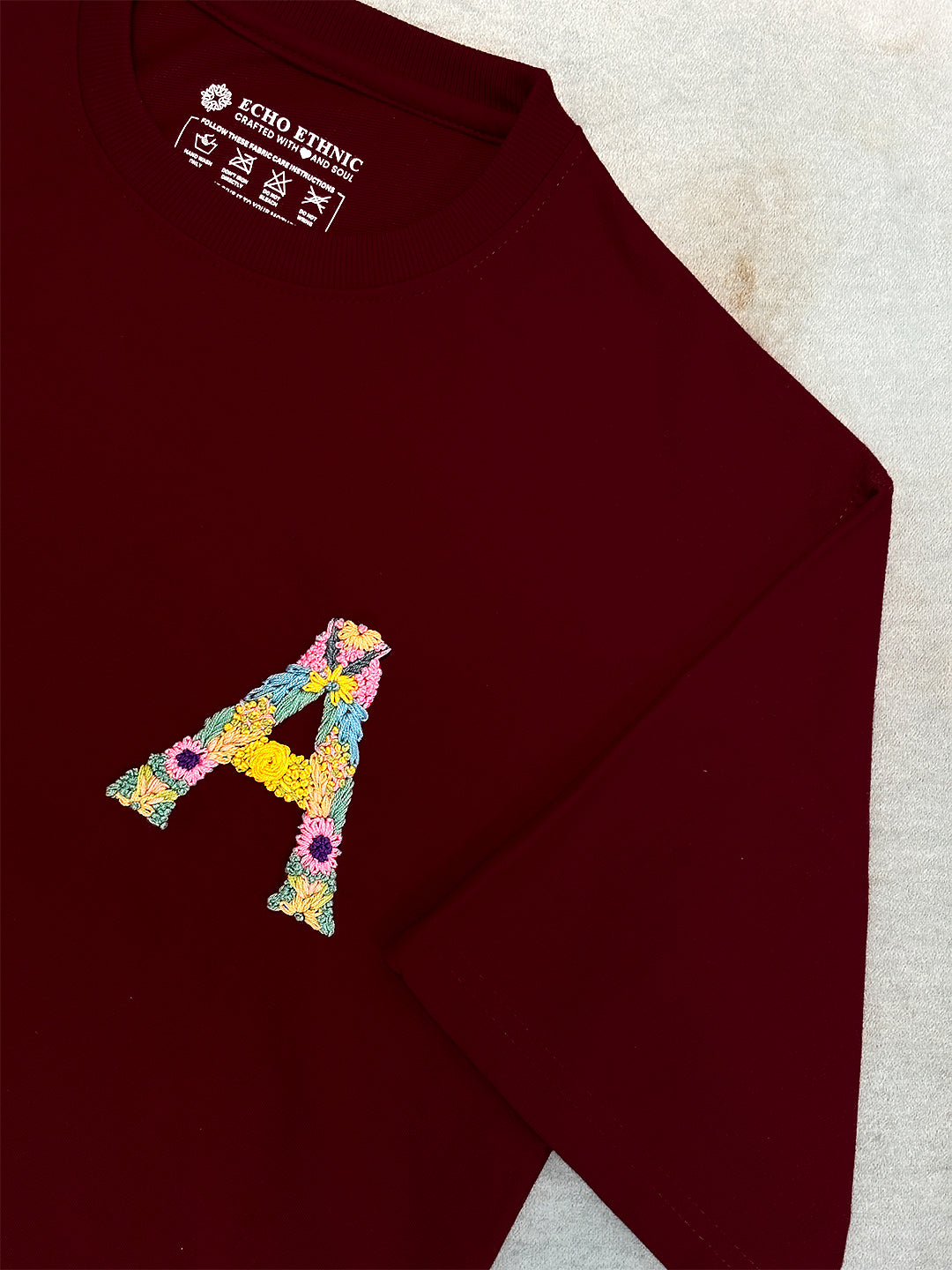 Maroon - Unisex Hand Embroidered Oversize T-shirt
