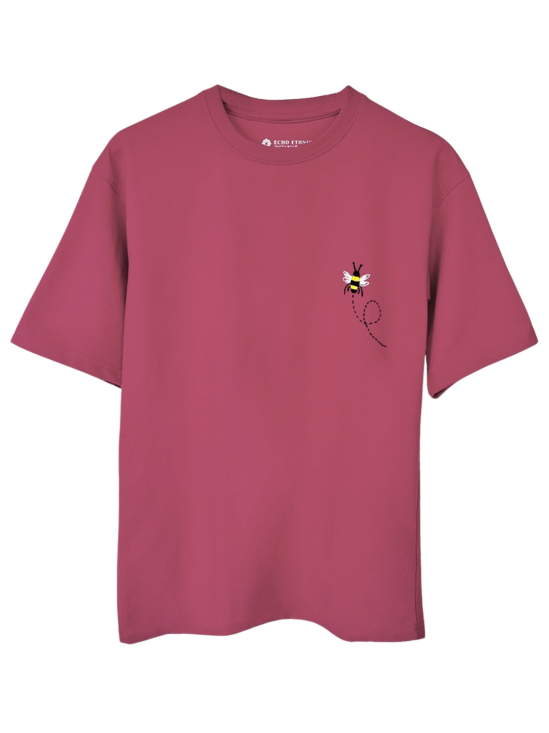 Pink Round Neck Embroidered Cotton T-Shirt - Unisex