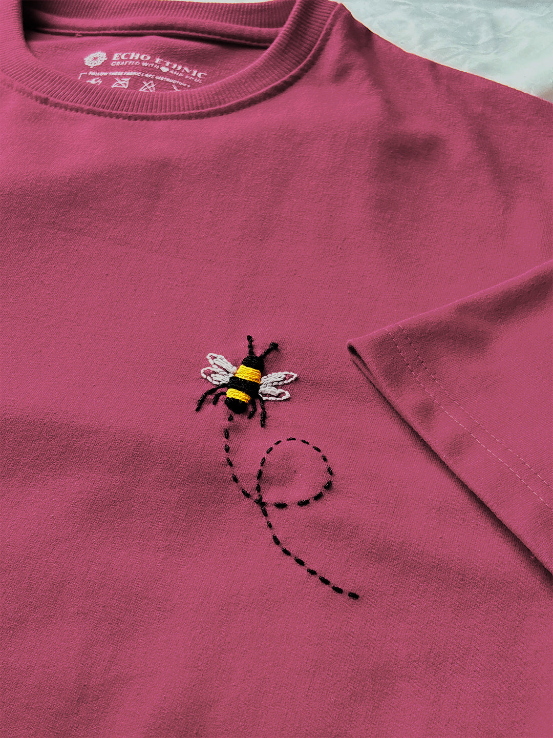 Pink Round Neck Embroidered Cotton T-Shirt - Unisex