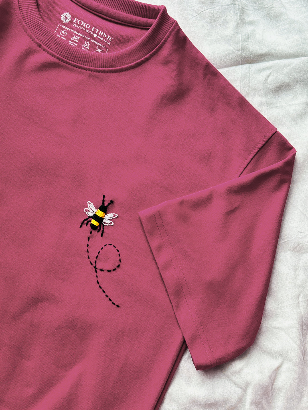 Pink Round Neck Embroidered Cotton T-Shirt - Unisex