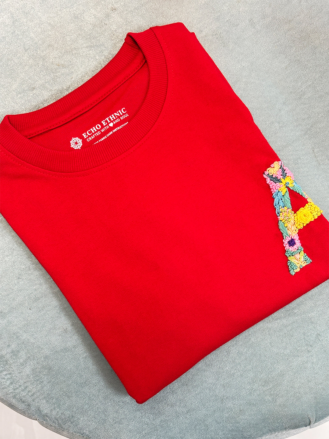 Red - Unisex Hand Embroidered Oversize T-Shirt
