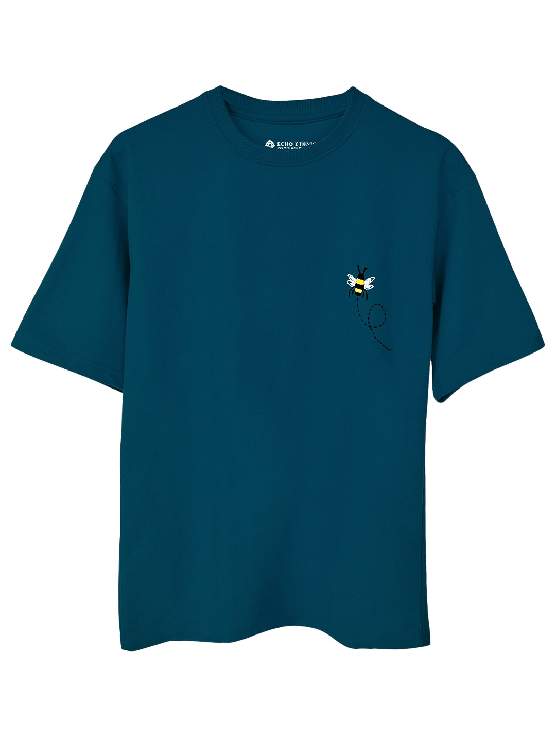 Teal Blue Round Neck Embroidered Cotton T-Shirt - Unisex