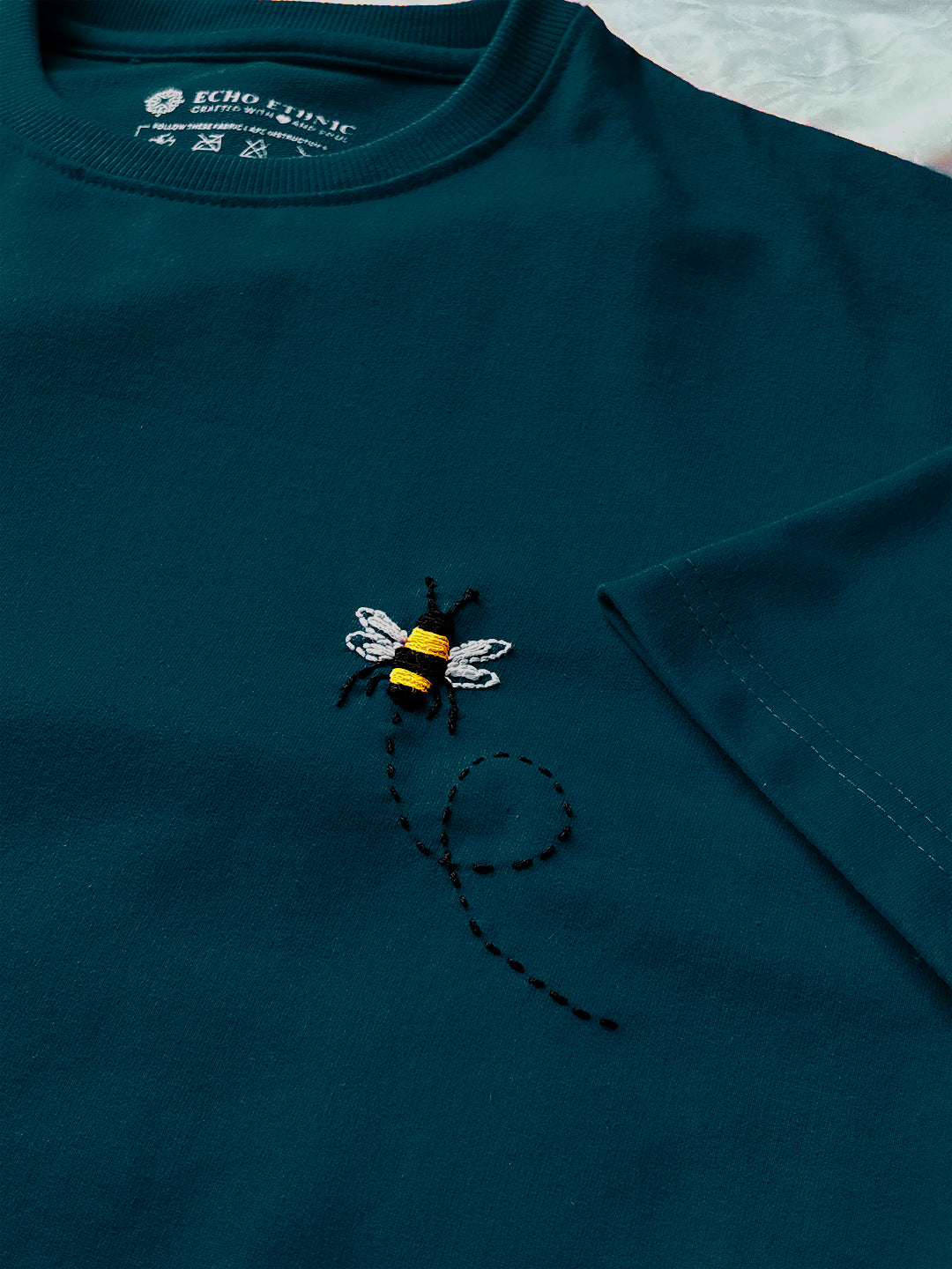 Teal Blue Round Neck Embroidered Cotton T-Shirt - Unisex