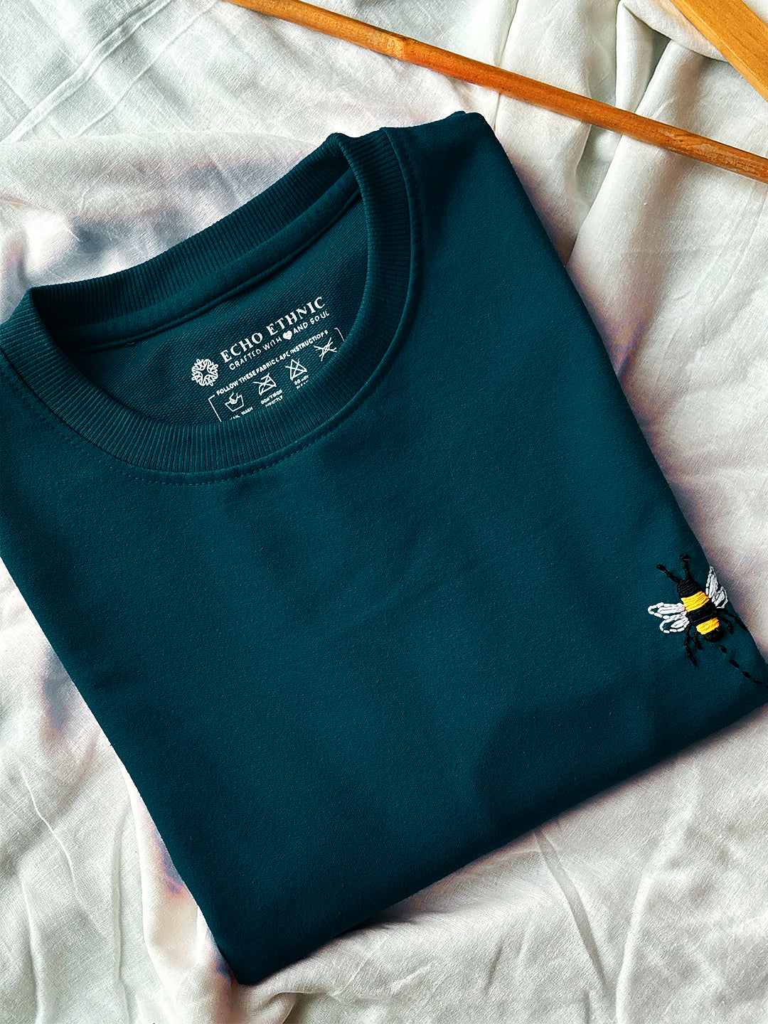 Teal Blue Round Neck Embroidered Cotton T-Shirt - Unisex