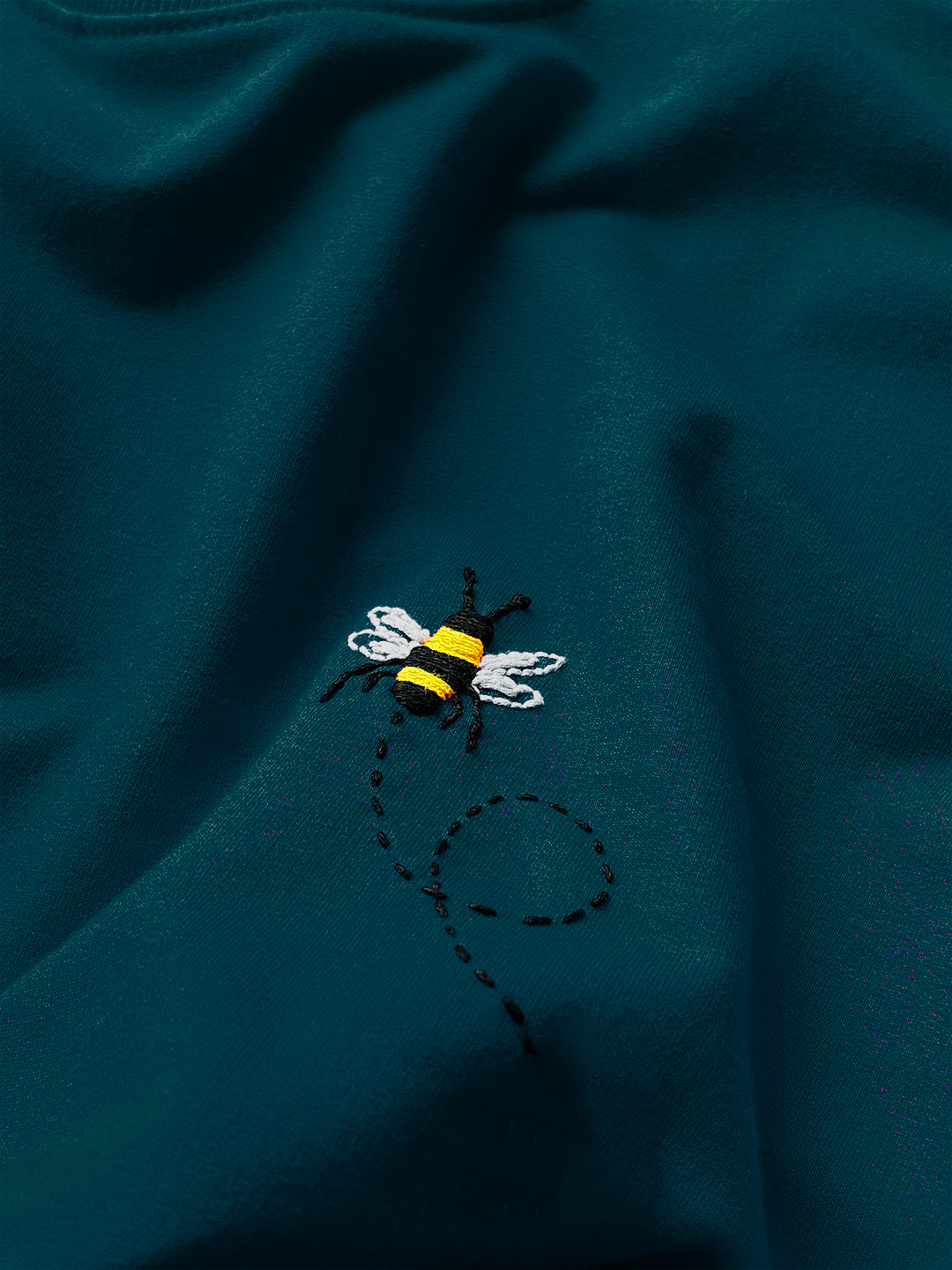 Teal Blue Round Neck Embroidered Cotton T-Shirt - Unisex