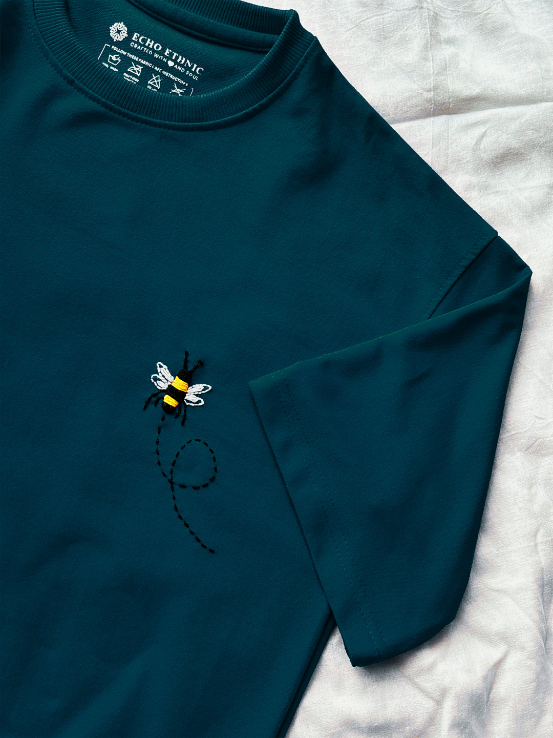 Teal Blue Round Neck Embroidered Cotton T-Shirt - Unisex