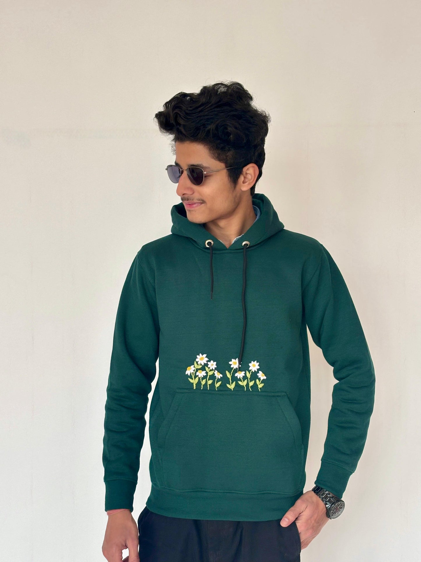 Green - Unisex Hand Embroidered Floral Hoodie