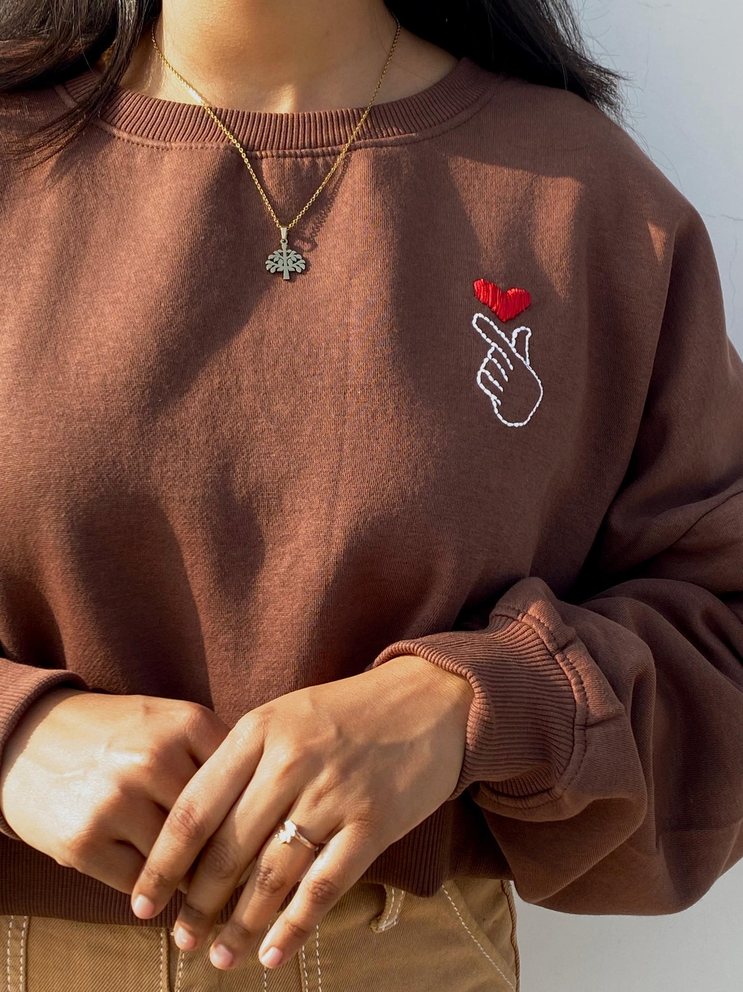 Korean Heart - Hand Embroidered Cropped Sweatshirt