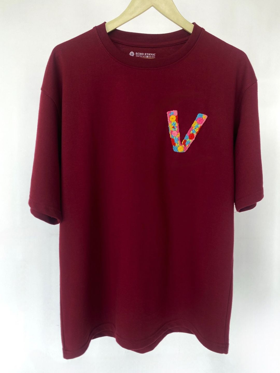 Maroon - Unisex Hand Embroidered Oversize T-shirt