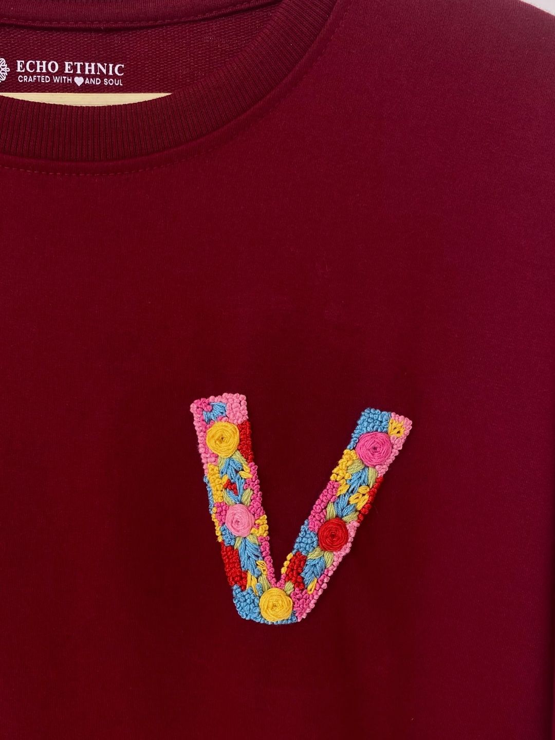 Maroon - Unisex Hand Embroidered Oversize T-shirt