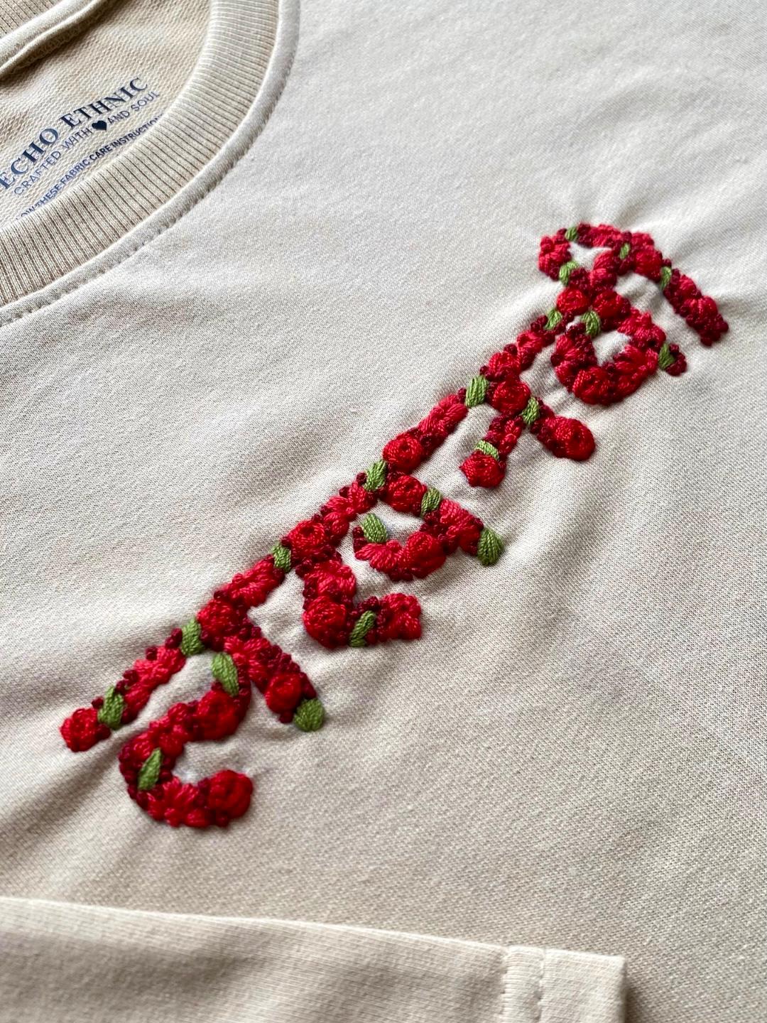 Beige - Unisex Hand Embroidered T-Shirt