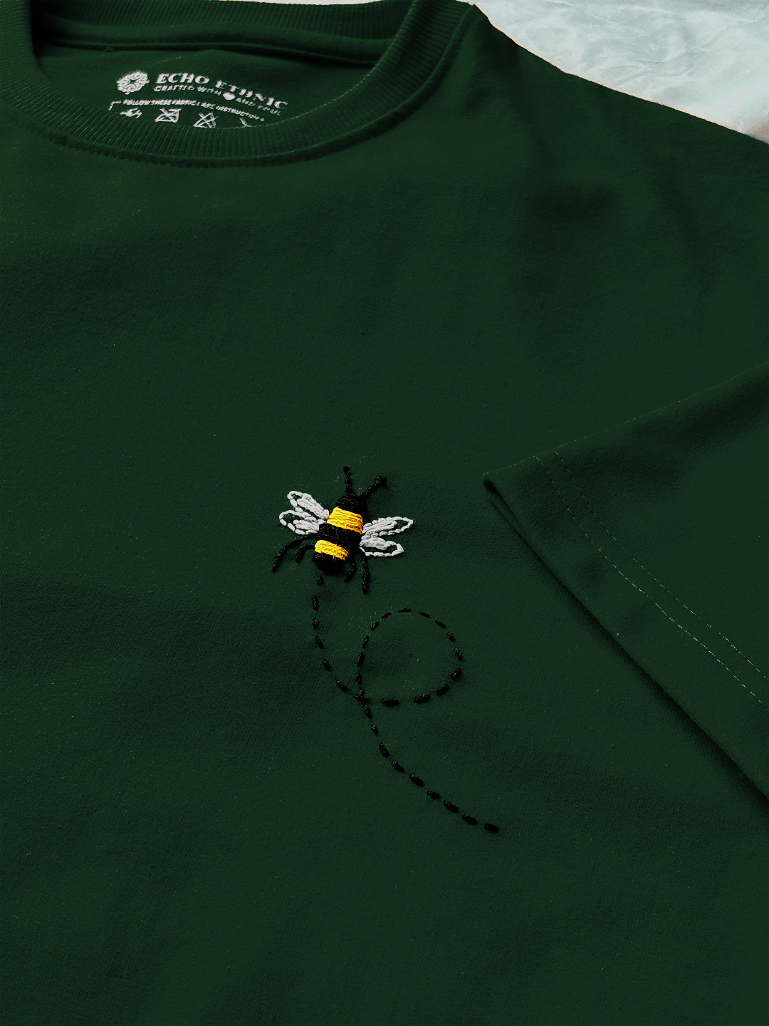 Green Round Neck Embroidered Cotton T-Shirt - Unisex