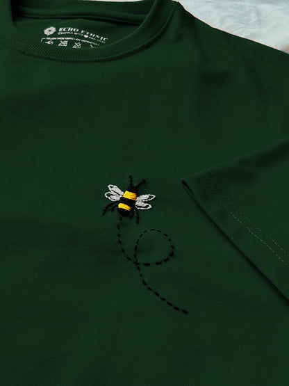 Green Round Neck Embroidered Cotton T-Shirt - Unisex
