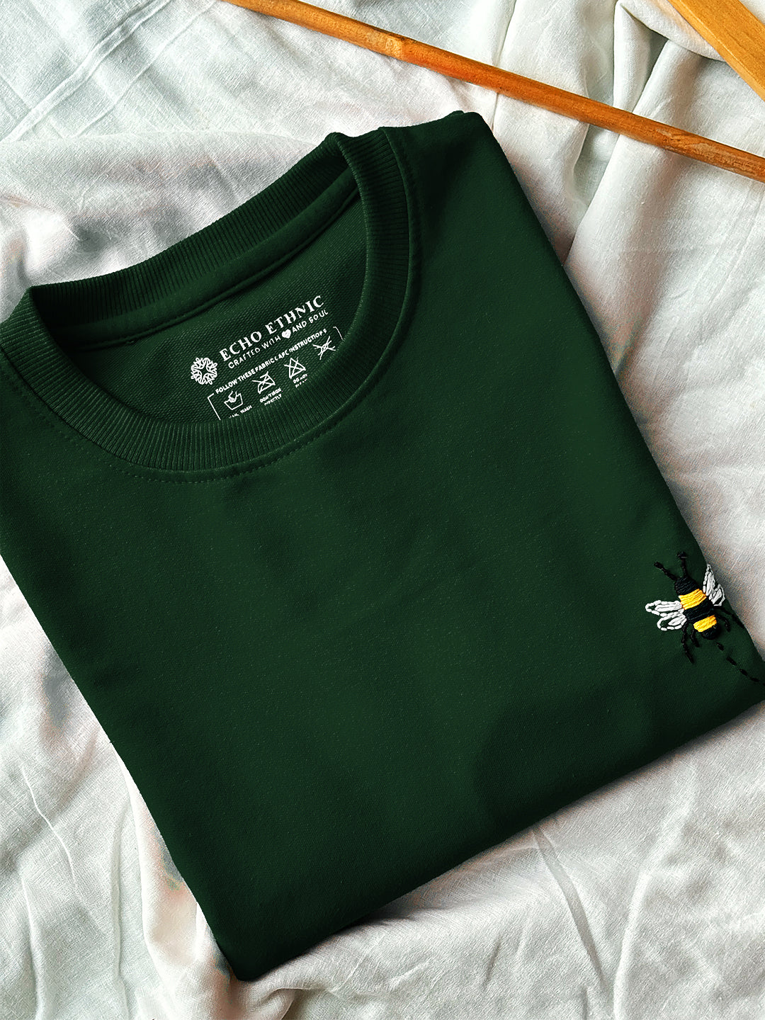 Green Round Neck Embroidered Cotton T-Shirt - Unisex