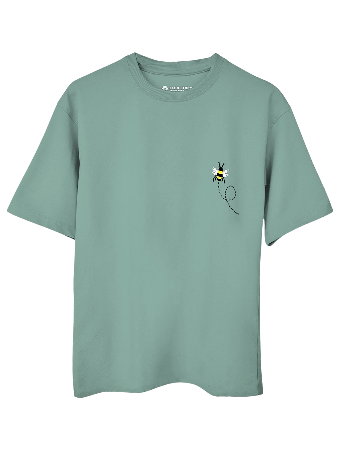 Light Green Round Neck Embroidered Cotton T-Shirt - Unisex