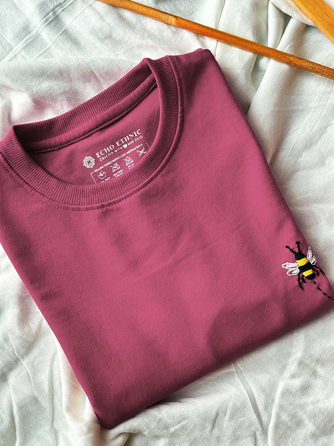 Pink Round Neck Embroidered Cotton T-Shirt - Unisex