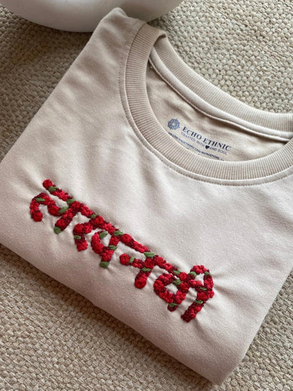 Beige - Unisex Hand Embroidered T-Shirt