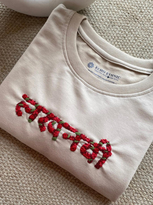 Beige - Unisex Hand Embroidered T-Shirt