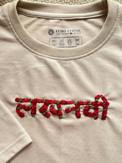 Beige - Unisex Hand Embroidered T-Shirt