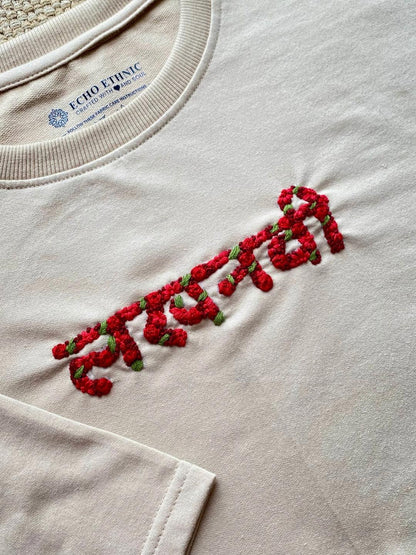Beige - Unisex Hand Embroidered T-Shirt